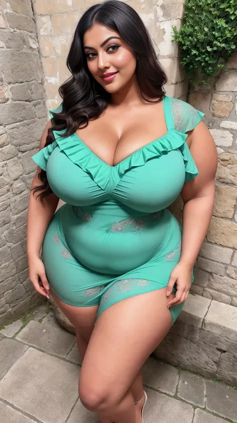 Indian gorgeous curvy plus size actress madhubala, glowing eyes, wearing SHEIN VCAY Plus Size Summer Casual Allover Print Dress, Cinched Waistline And Ruffled Hem Color: Green , covered Bust, parted lips, thick thighs, bigger waist, busty, curvy plus size ...