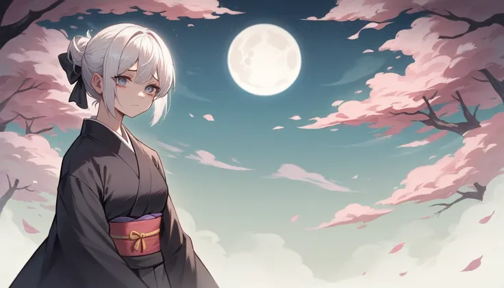 (best quality,4k,highres,ultra-detailed,masterpiece:1.3), black cat, white hair, cute manhwa girl, hanbok, sad, sorrow, full moon, kimono