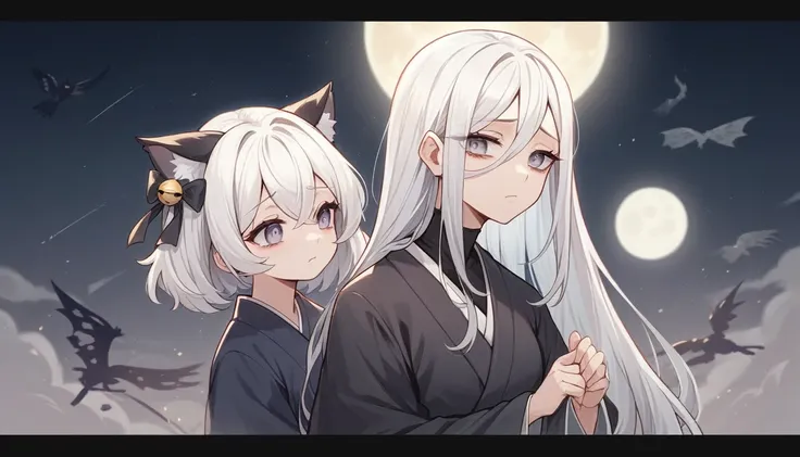 (best quality,4k,highres,ultra-detailed,masterpiece:1.3), black cat, white hair, cute manhwa girl, hanbok, sad, sorrow, full moon, kimono