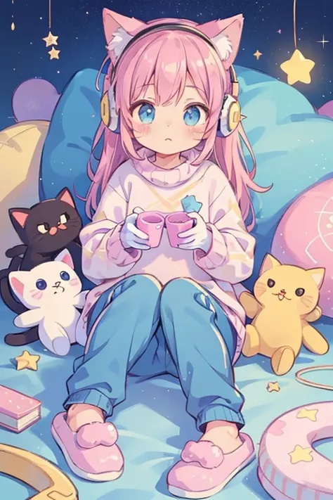 cat girl, solo, gloves, fluffy clothes, pants, sweater, sleeves, socks, slippers, pastel colors, (purple, blue, pink, yellow), cozy, dreamy, stars, stickers, bubbles, glitter, sparkles, plushies, headphones