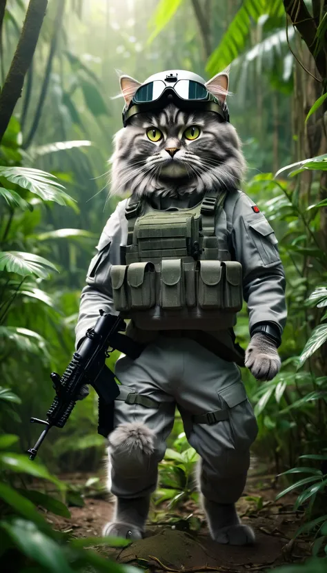 Standing on its hind legs, a gray Siberian cat in the special forces style, armed with an M4A1, wearing a helmet, goggles, carefully observes in the jungle and gives the command to go to the front. Cinematic quality, Still from the film. Hyper-realistic. B...