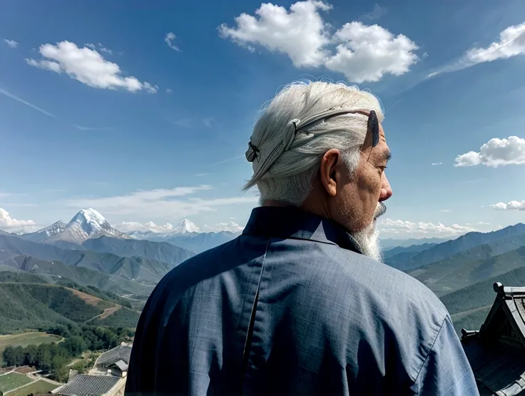 Man, Chinese old man, thinker, white hair and beard, kind face, back view, mountains in the distance, extreme light and shadow, blue sky and white clouds, big scene