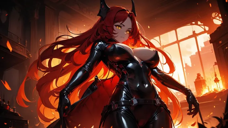  It  in color and uses the flames, (best quality), wideshot, an woman with very long red hair, neckline, black ribbons, , bodysuit, cold look, queen, good anatomy, correct proportions, torn clothes, queen, serious, mysterious appearance, blood, emotionless...