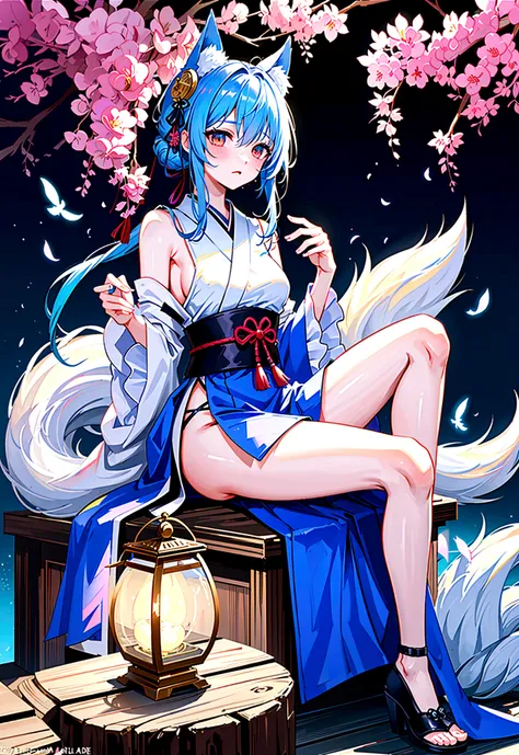 fox Light blue hair 　beast girl　indigo fur　fox beast girl　fox Light blue hair 　beast girl　indigo fur　fox beast girl　Wallpaper 4k,8k,highly detailled,,vivid colors,detailed kitsune with 9 tails,traditional Japanese artwork,tatami floor,beautiful cherry blos...