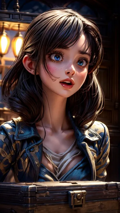 A girl ((getting sucked into a mimic box)), highly detailed face, beautiful eyes and lips, intricate details, cinematic lighting, dramatic shadows, fantasy, digital art, vibrant colors, photorealistic, 8k, best quality, masterpiece