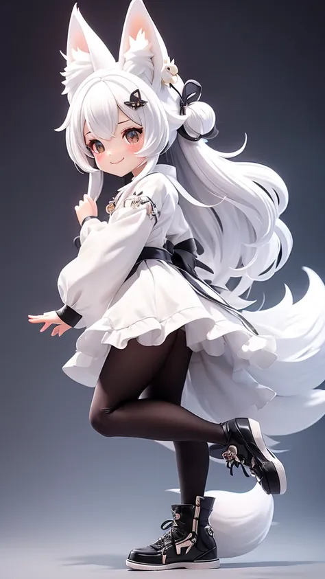 A girl with impressive white hair、Fox ears and tail、Hair Ornament、Black pantyhose、No sleeve、smile、cute shoes with accessories