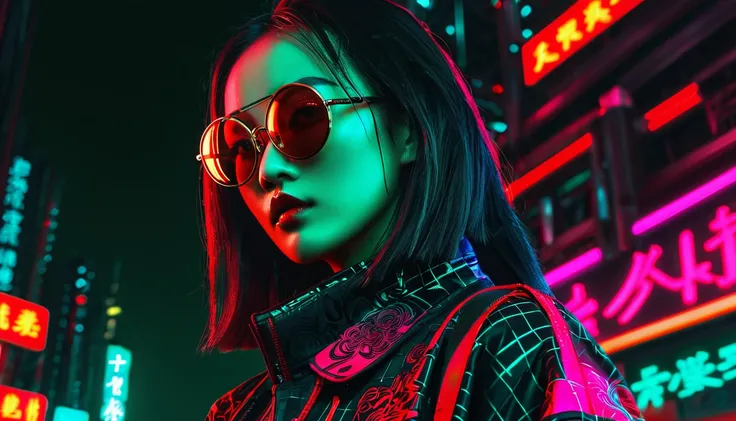 Dark night cyberpunk background，Neon，Red and dark green national trend style，woman，Chinese clothing，手持Neon，With round black glasses，Face details at its all，Detailed wide-angle shot，High Definition Rendering