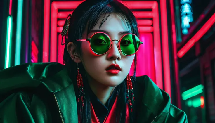 Dark night cyberpunk background，Neon，Red and dark green national trend style，woman，Chinese clothing，手持Neon，With round black glasses，Face details at its all，Detailed wide-angle shot，High Definition Rendering