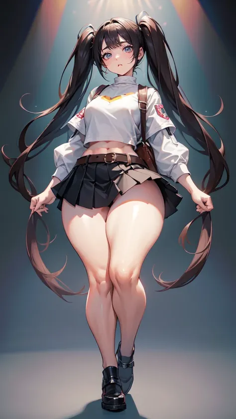 blank background, (((full body))), (masterpiece), ((best quality)), (very short girl), flat chest, short twintail, (wide hips:1.4), (thick thighs:1.4), (very short skirt), toeless footwear, belt below navel, fanny packs, bags