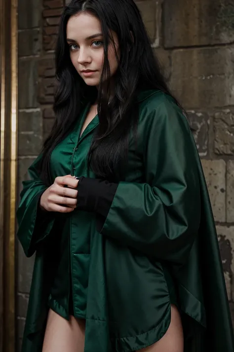 A Slytherin girl with long shiny black hair, piercing blue eyes, wearing Slytherin robes . she has a confident and cheerful, standing in front of a classic Hogwarts backdrop, 