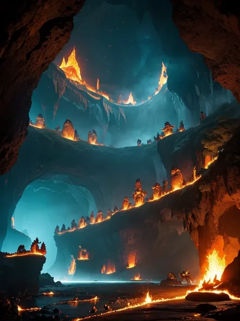 	•	A vast cave filled with jewels and gold where a gigantic dragon sleeps, with mysterious light filtering in.
	•	A cave lined with burning lava and sharp rocks, with fearsome dragons flying overhead.