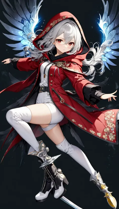 Highest quality, Super quality, 16K, Incredibly absurd, Very detailed, Silver Hair，delicate and dynamic, A cool beauty and a cute female swordsman,Body Inspection 50ｃｍAbout， Big Holy Sword, A long red coat with a gold embroidered hood,, White trousers, Kne...