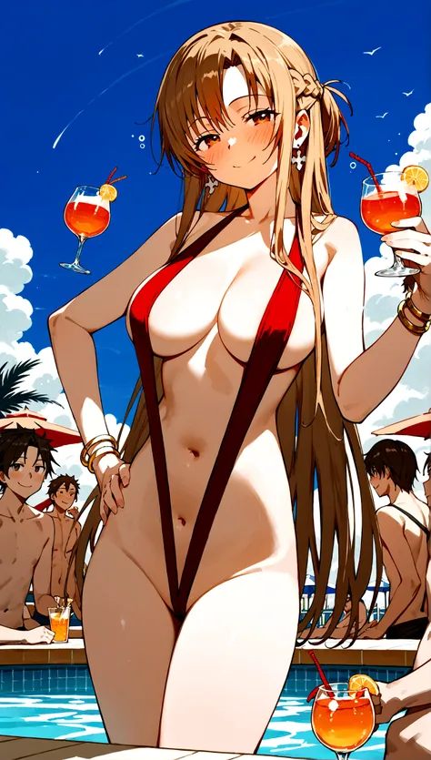 score_9,score_8_up,score_7_up,18 year old,female focus,1girl,asuna (sao-alo), sword art online,yuuki asuna,nsfw,brown eyes, brown hair, long hair, bangs, braid,standing,legs up,hand on hip, holding cup,drunk-smirk,blush,large breasts,brown hair,parted hair...