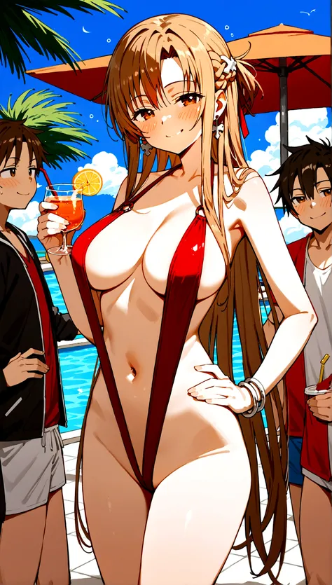 score_9,score_8_up,score_7_up,18 year old,female focus,1girl,asuna (sao-alo), sword art online,yuuki asuna,nsfw,brown eyes, brown hair, long hair, bangs, braid,standing,legs up,hand on hip, holding cup,drunk-smirk,blush,large breasts,brown hair,parted hair...