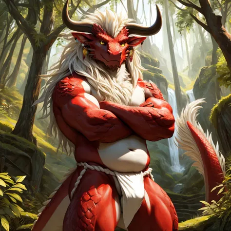 ultra-detailed, masterpiece, masterwork, high quality, best quality, hdr, (nature), nsfw, male, solo, dragon, ((fundoshi)), (little red body minotaur), (white chubby body), (long golden hair, yellow eyes), standing, front view, lower view, dynamic angle, p...