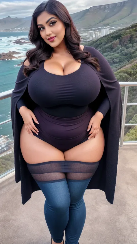 Indian gorgeous curvy plus size actress madhubala, glowing eyes, wearing Knit Mix Color Block Round Neck Hollow Out Knitted Long Cover Up Color: Purple , covered Bust, parted lips, thick thighs, bigger waist, busty, curvy plus size body, full body, full bo...