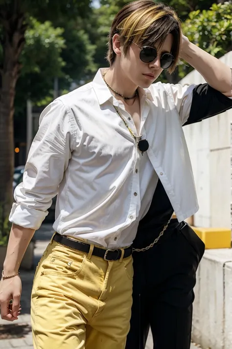 Anime white boy sunglasses yellow hair black shirt black pants white necklace 