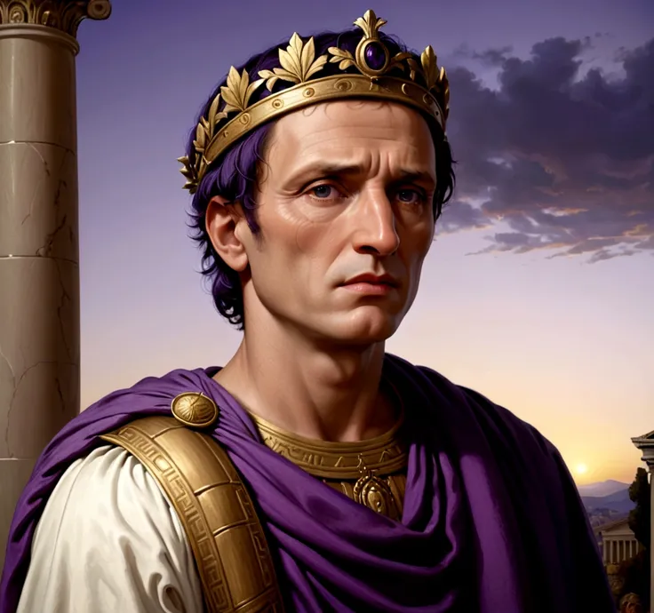 the painting depicts julius caesar, emperor of rome, facing the observer, his expression is serene and authoritative, he wears a...