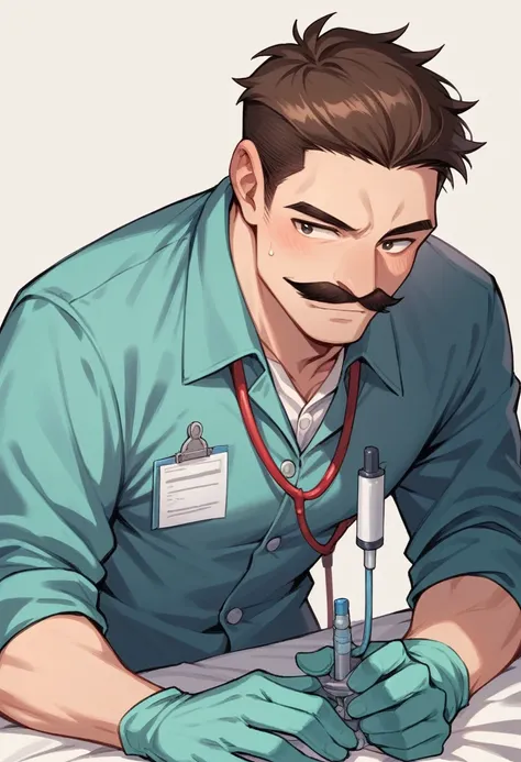 Attractive young male doctor with brown hair and mustache wearing black scrubs and blue medical gloves