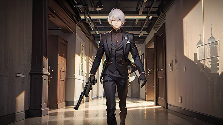 Two men side by side, one with a beautiful face, silver hair, golden eyes, slender figure, wearing a black suit and carrying a short gun, next to him stands a tall, dark-haired, green eyes, machine gun on his shoulder, chromatic aberration, depth of field,...