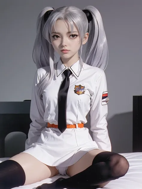 NFSW, Masterpiece, best quality, 1 girl, RH, Hoshino Ruri, kidou senkan nadesico,, golden eyes, silver hair, twintails, medium hair, red hair bobbles, long sleeves white shirt, wing collar, black tie, orange jacket, emblem, black socks, Small breasts, From...