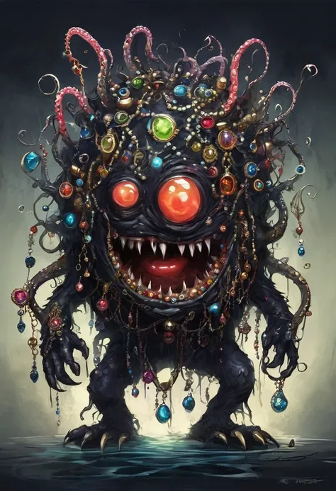 dark，fear，strange box monster full of jewels - one eye - sharp teeth - ugly，long tentacles，scattered jewelry,greedy