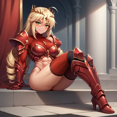 Lancer Artoria, elegant adult female, blonde, green eyes (yellow eyelashes) crown, turtleneck, full body sitting on a bench, showing ass to me, RED breastplate, RED skin (1SologirlRED skin:1.2), looking at viewer, shiny, armor, thigh highs, high boots, pau...