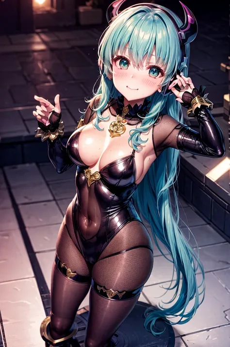 SailorNeptune. solo. （（squat pose.））Aqua color hair. Smirk. Empty Eyes. dark costume. Transparent Bodystocking. shout. dark costume. corruption. bat hair ornament. bat motif black eye mask. Black headphone. succubus-style. flat lighting. elevation angle. s...