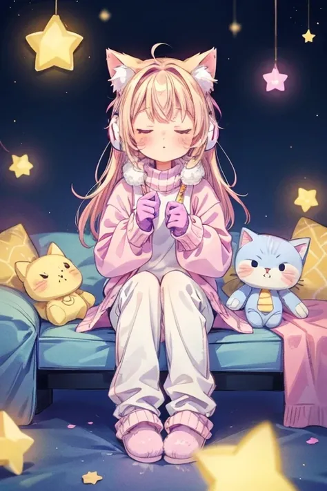 cat girl, solo, gloves, fluffy clothes, pants, sweater, sleeves, socks, slippers, pastel colors, (purple, blue, pink, yellow), cozy, dreamy, stars, stickers, bubbles, glitter, sparkles, plushies, headphones