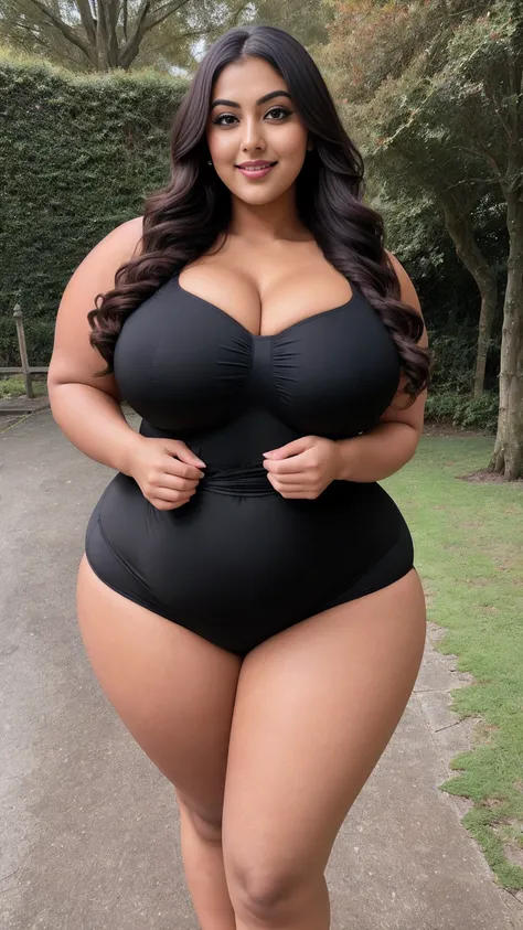 Indian gorgeous curvy plus size actress madhubala, glowing eyes, wearing SHEIN Swim Vcay Deep V-Neck Slim Sleeveless One-Piece Swimsuit For Summer Beach Color: Multicolor, covered Bust, parted lips, thick thighs, bigger waist, busty, curvy plus size body, ...