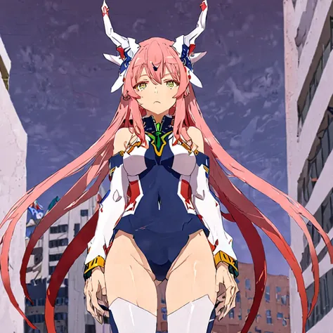 very detailed background, work of art, best qualityer, 1 girl, standing alone, ((work of art, best qualityer)),better aesthetics, zero two (Dear not Franxx), Dear not Franxx, bangss, biting, blush, covered navel, ombre, greeneyes, hair behind the head, han...