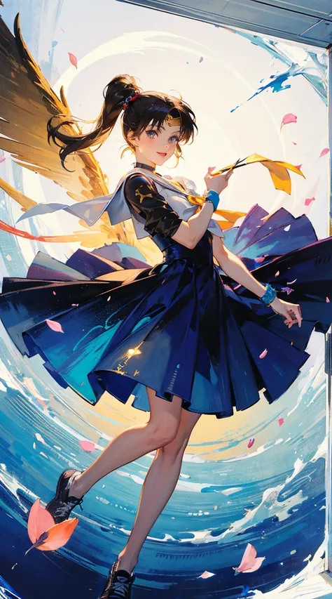 masterpiece, best quality, illustration, 1girl, solo, Nima, (gold long hair), (black big wings), (blue dress), sharp eyes, (vivid color), light, thick smoke:1.6, (floating white ink:1.8), Cyan flame, (beautiful and clear background:1.25), (depth of field:0...