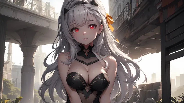 ((((Obra maestra, La mejor calidad, ultrahigh resolution)))), 1girl, standing, (cute maid costume), ((long pure silver hair and grey mesh hair, hair over eye)), long hair cut, pale skin, ((red eyes)), glowing_eyes, neon eyes, (ultra detailed eyes:0.7, beau...