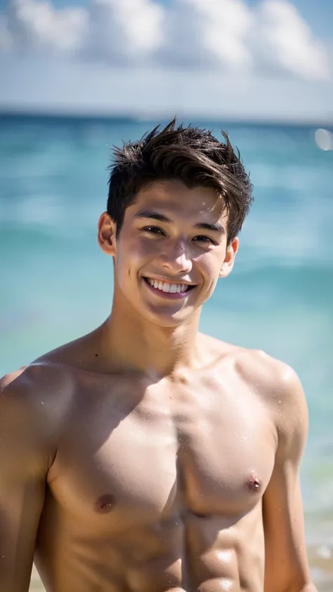 male Age 20 swimwear lifeguard topless smile