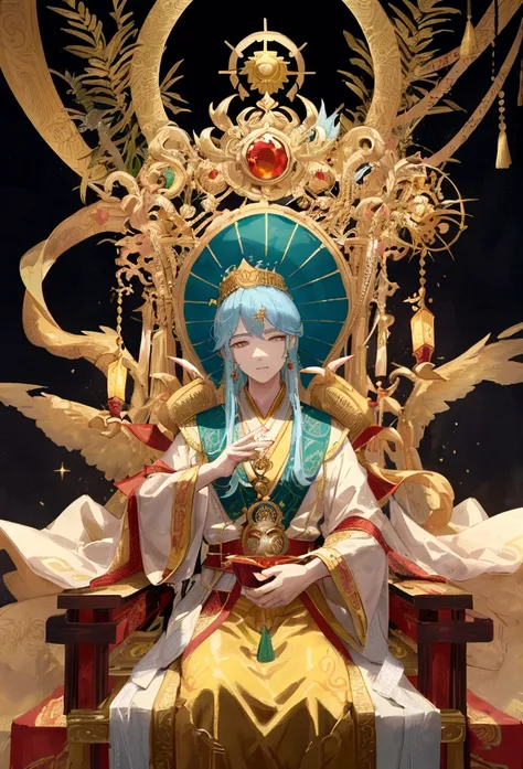 Depict the Jade Emperor as an old, wise king seated on a magnificent golden throne in the heavenly realm. He is dressed in ornate imperial robes with intricate golden embroidery and a regal crown adorned with precious jewels. The setting is a grand celesti...