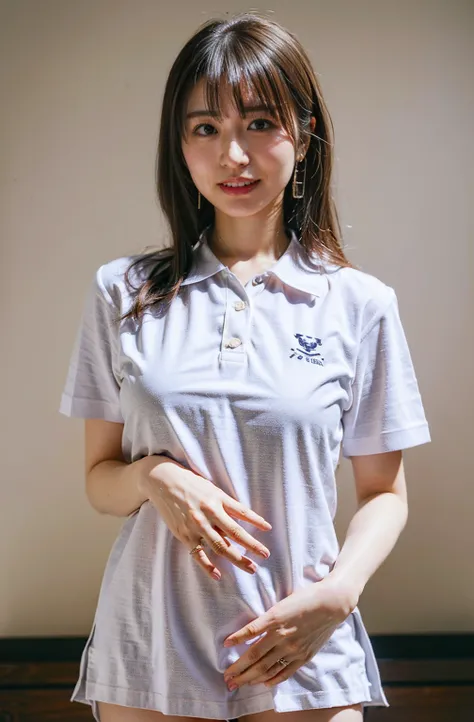 ((She is wearing a navy polo shirt and white panties.、:1.4))、Navy blue polo shirt and white panties、Outdoor shots、Cream hair color、Her huge breasts are obvious even through her clothes..、Small earrings、Light brown hair color、:1.4））、Shiny Hair、Light beige h...