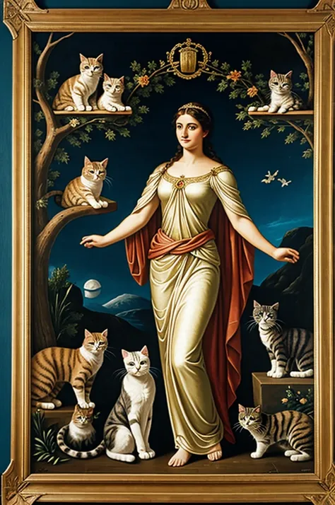 Greek goddess holding a valance accompanied by cats