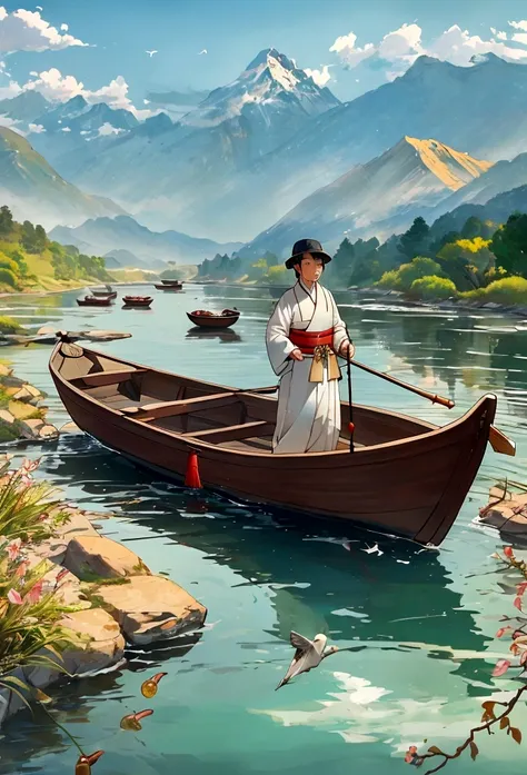 On a tranquil spring day, a fisherman dressed in traditional Jin Dynasty attire gently rowed a little wooden boat along a small creek. In the distance, mountain ranges loomed silently. Only the gentle murmur of the flowing water and the cheerful chirping o...