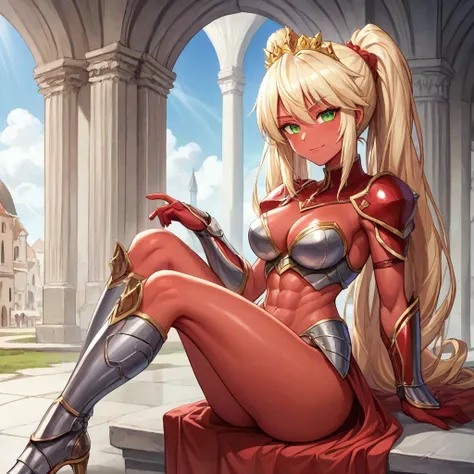 Lancer Artoria, elegant adult female, blonde, green eyes (yellow eyelashes) crown, turtleneck, full body sitting on a bench, showing ass to me, RED breastplate, RED skin (1SologirlRED skin:1.2), looking at viewer, shiny, armor, thigh highs, high boots, pau...