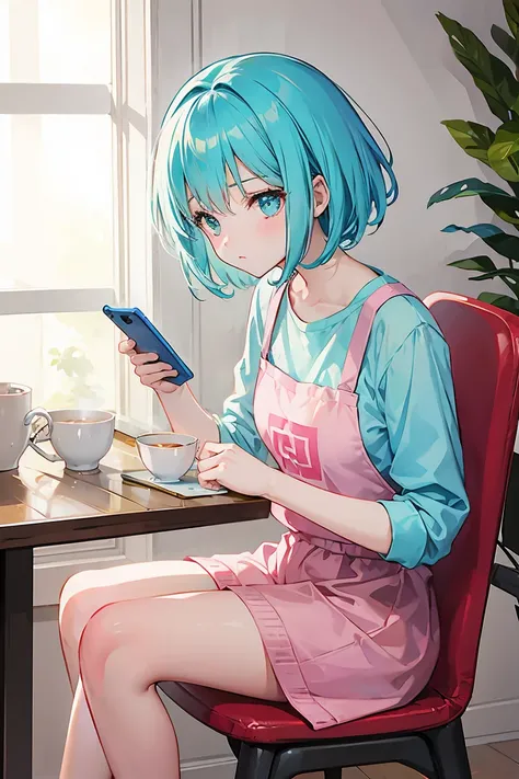 cute girl with short pink hair with bangs, wearing cyan shirt, is sitting in a chair facing a table in a kitchen, eating breakfast, while using her cell phone, 8k