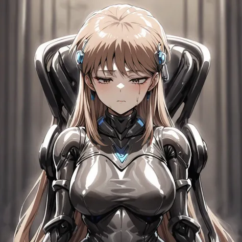 ((Highest quality)), ((masterpiece)), (detailed), （Perfect Face）、The woman is Princess Leona, with light brown, medium-long hair.々He was restrained by being made to wear a shiny body suit connected to various cords and machines, and made to sit in a mechan...