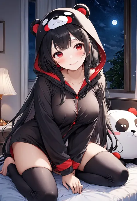 (Kigurumi pajamas style) (18 yo, solo straight:1.2 black hair long hair sexy dominance girl, sexy red eyes, love smile, big tits), (in a Kumamon:1.5 hooded, kumamon kigurumi pajamas), break, in the lovely bedroom of night, BREAK, masterpiece, best quality,...