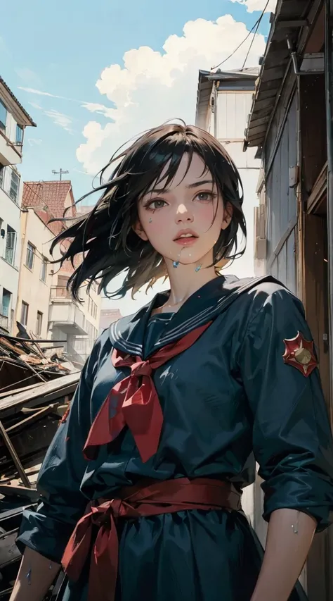 ８ｋ,Realistic Skin Texture、Superrealism、Realistic Photo、A futuristic Japanese female soldier stands amongst rubble、Damaged moss green metal armor、Skull mark painted on armor、Painting of the unit and identification number、Peeling paint、Oil stains、Energy Rifl...