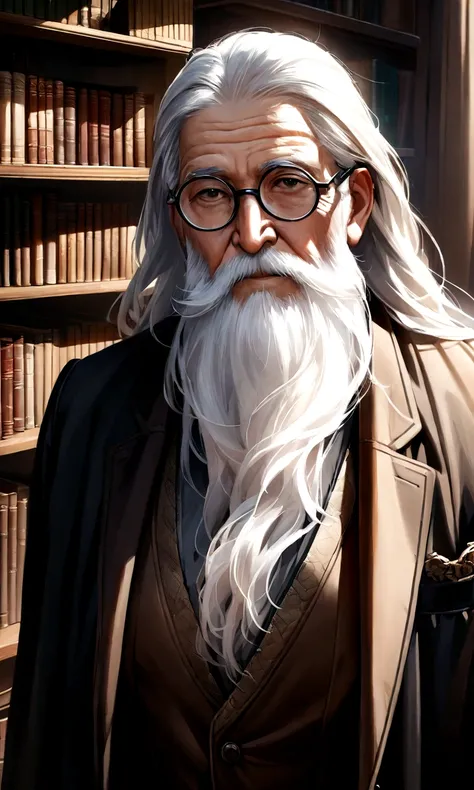 Drawn in ultra-realistic detail、An old philosopher with a profound expression。White hair and long beard、Wrinkled face。Wise eyes reflect a state of contemplation、Wearing old-fashioned glasses、Looking at the camera。His outfit is simple and classic, a shirt a...