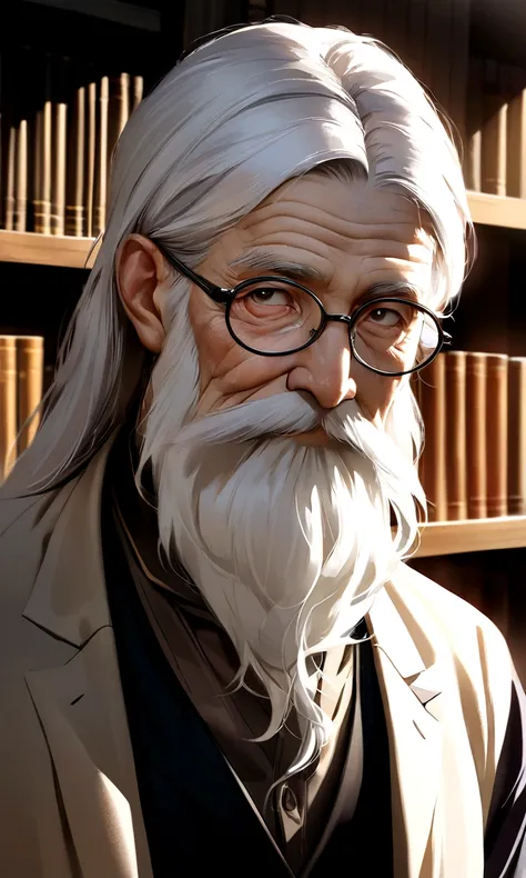 Drawn in ultra-realistic detail、An old philosopher with a profound expression。White hair and long beard、Wrinkled face。Wise eyes reflect a state of contemplation、Wearing old-fashioned glasses、Looking at the camera。His outfit is simple and classic, a shirt a...