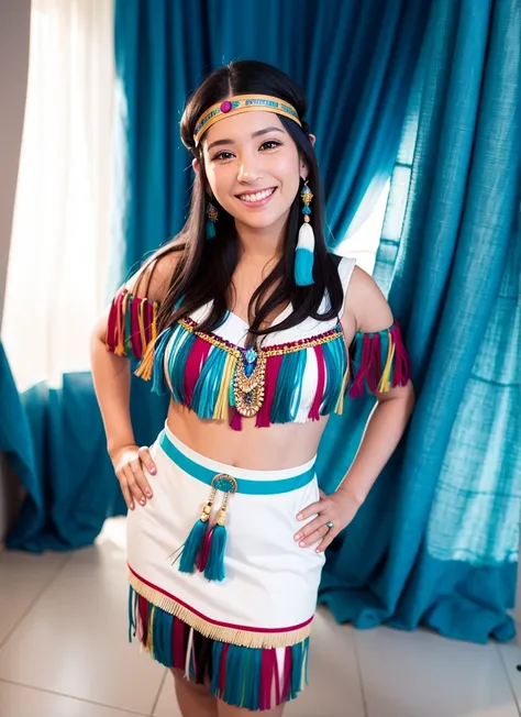 A young woman with long dark hair and a radiant smile, wearing a traditional Native American costume with fringe details on the sleeves and a blue feathered accessory in her hair. She is posing confidently with her hands on her hips against a neutral backg...