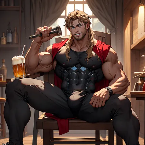 8k , masterpiece,  solo man , 1 man only , detailed face , detailed fingers,  detailed muscles,  detailed background,  chris hemsworth as thor relaxing on a chair with spreadlegs ,showing muscles and bulge  smiling , satisfied from his victory,  wearing hi...