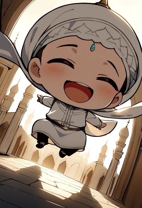 The chibi character, a man wearing white Muslim clothing, laughs in front of the mosque 