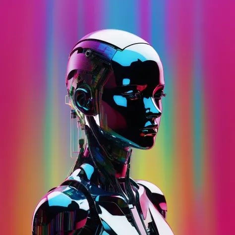 The artwork robotic  figure, against a bright background that is partially obscured by glitch effects. The figures head is tilted slightly to the side, as if lost in contemplation. The image highlights the ral-glydch technique through the use of glitch eff...