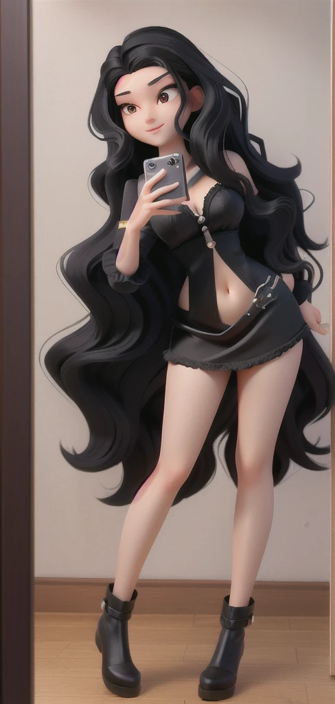 woman taking a selfie in a mirror with a camera, long curvy black hair, her black hair is a long curly, wavy long - length black hair, long black hair, long wavy black hair, female with long black hair, wavy long black hair, her belly button is exposed, wa...